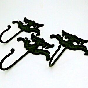 3 x Vintage cast iron black metal Door Hooks Hangers 6" by 4.5"